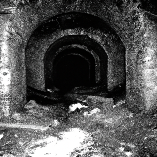 Photo of dark creepy old dirt primitive tunnels black and white Photography: Black and white. Lighting: Fog. Subject: Night. Camera: Movie Mode. Composition: Low Angle. Color: Grayscale. Special Effects: Old Photo.