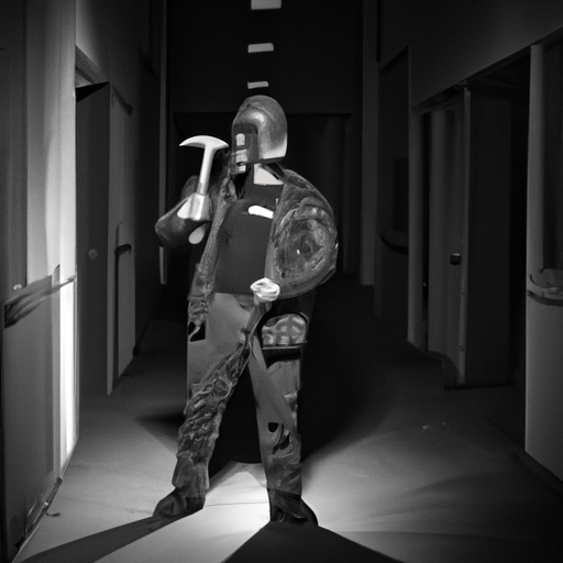 wide shot of heavyset policeman with a riot gear mask holding a small hammer inside a dark and long hallway realistic photo of, award winning photograph, 50mm Cinematic Lighting Photography: Black and white. Lighting: Fluorescent. Subject: Night. Camera: Movie Mode. Composition: Vintage. Color: Grayscale. Special Effects: Old Photo.