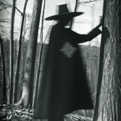 Tall, shadowy phantom figure wearing a long black coat and wide brimmed hat in the dark woods realistic photo of, award winning photograph, 50mm black and white Photography: Black and white. Lighting: Moonlight. Subject: Nature. Camera: Movie Quality. Composition: Vintage. Color: Grayscale. Special Effects: Old Photo.