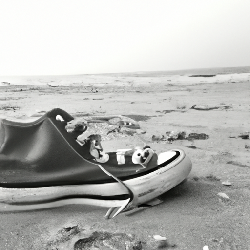 black and white photo of one basketball sneaker on a sandy beach black and white Photography: Black and white. Lighting: Cloudy. Subject: Seascapes. Camera: Movie Mode. Composition: Ultra-wide. Color: Grayscale. Special Effects: Old Photo.